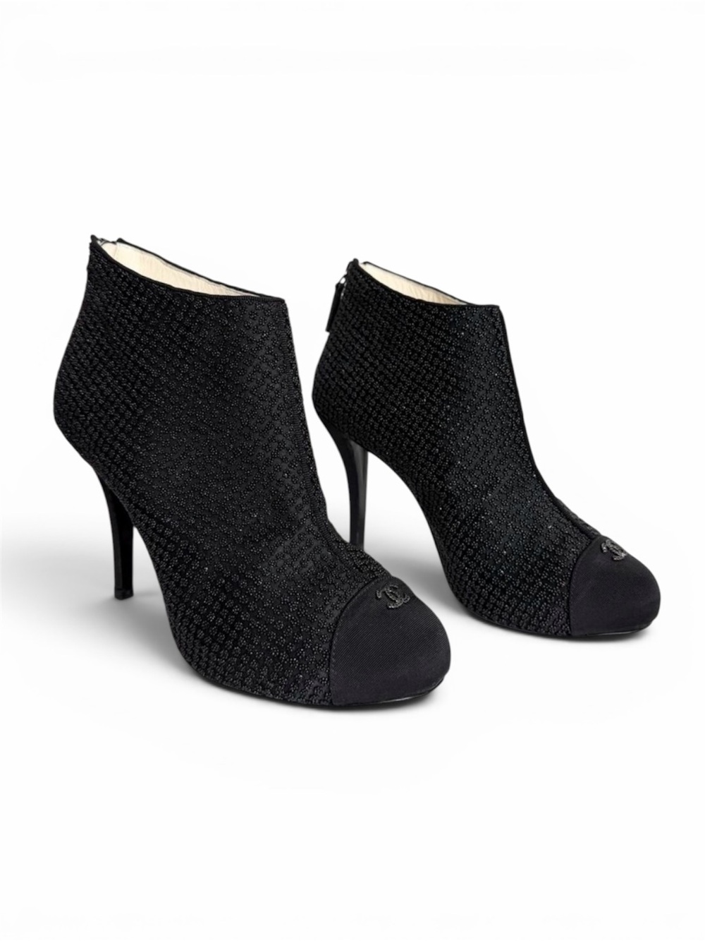 Chanel Beaded Ankle Booties Black Cap Toe Heels 38.5 CC Logo
